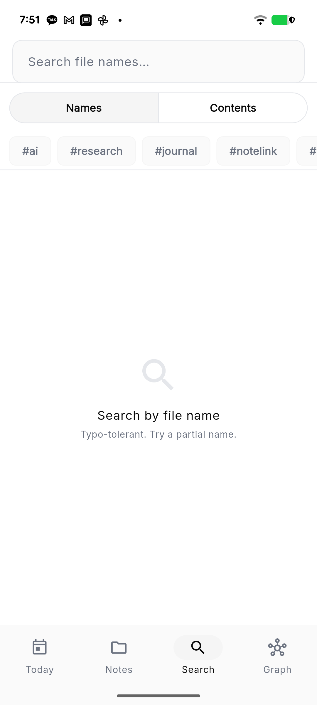 NoteLink search screen with filename, content, and tag search
