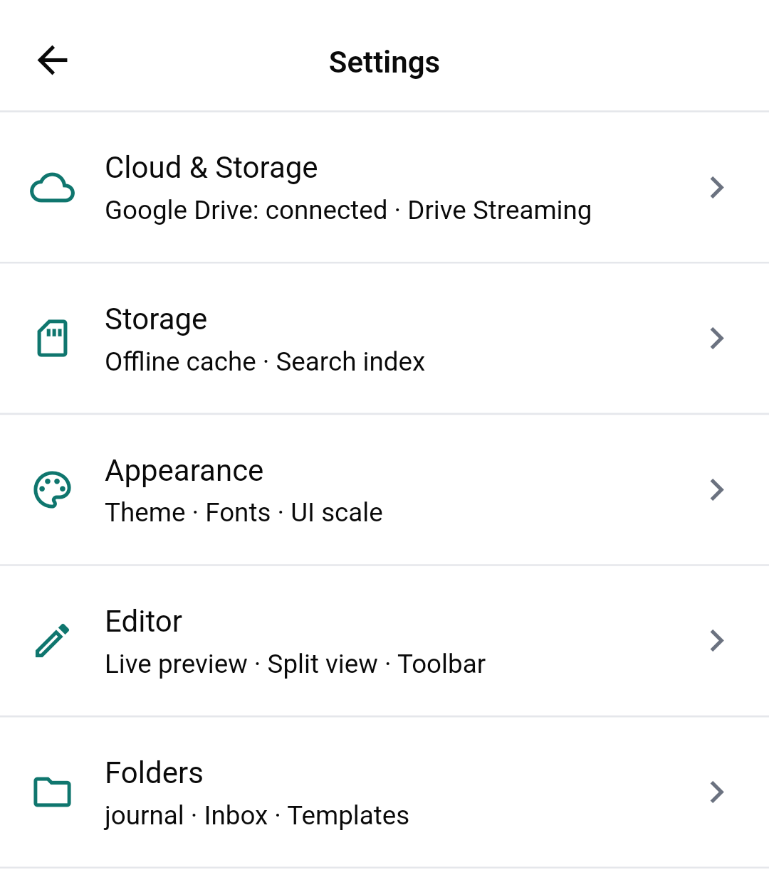 NoteLink settings showing Google Drive streaming, offline cache, themes, and editor options