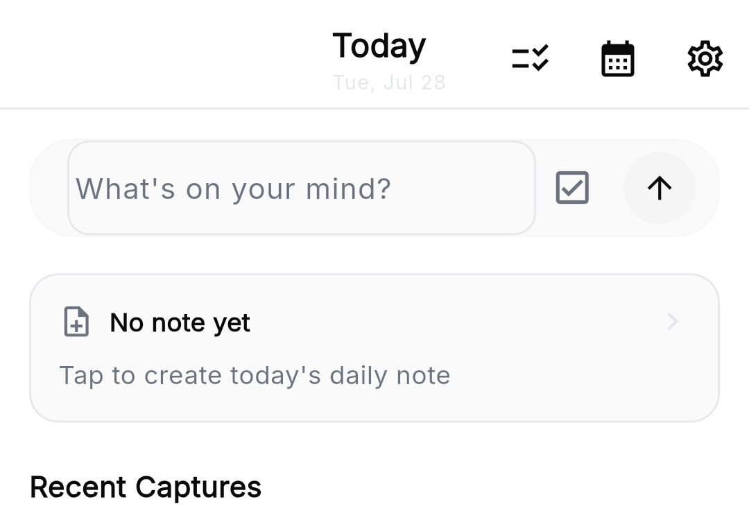 NoteLink Today screen with quick capture and a daily-note prompt